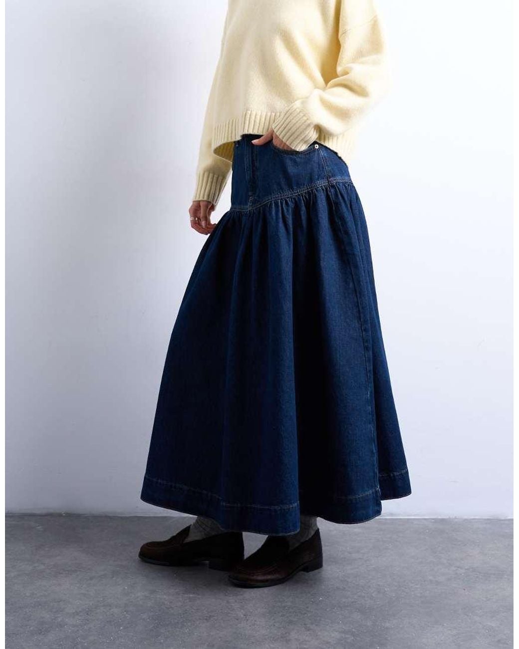 TOPSHOP Blue Denim Maxi Skirt With Gathered Yoke Detail