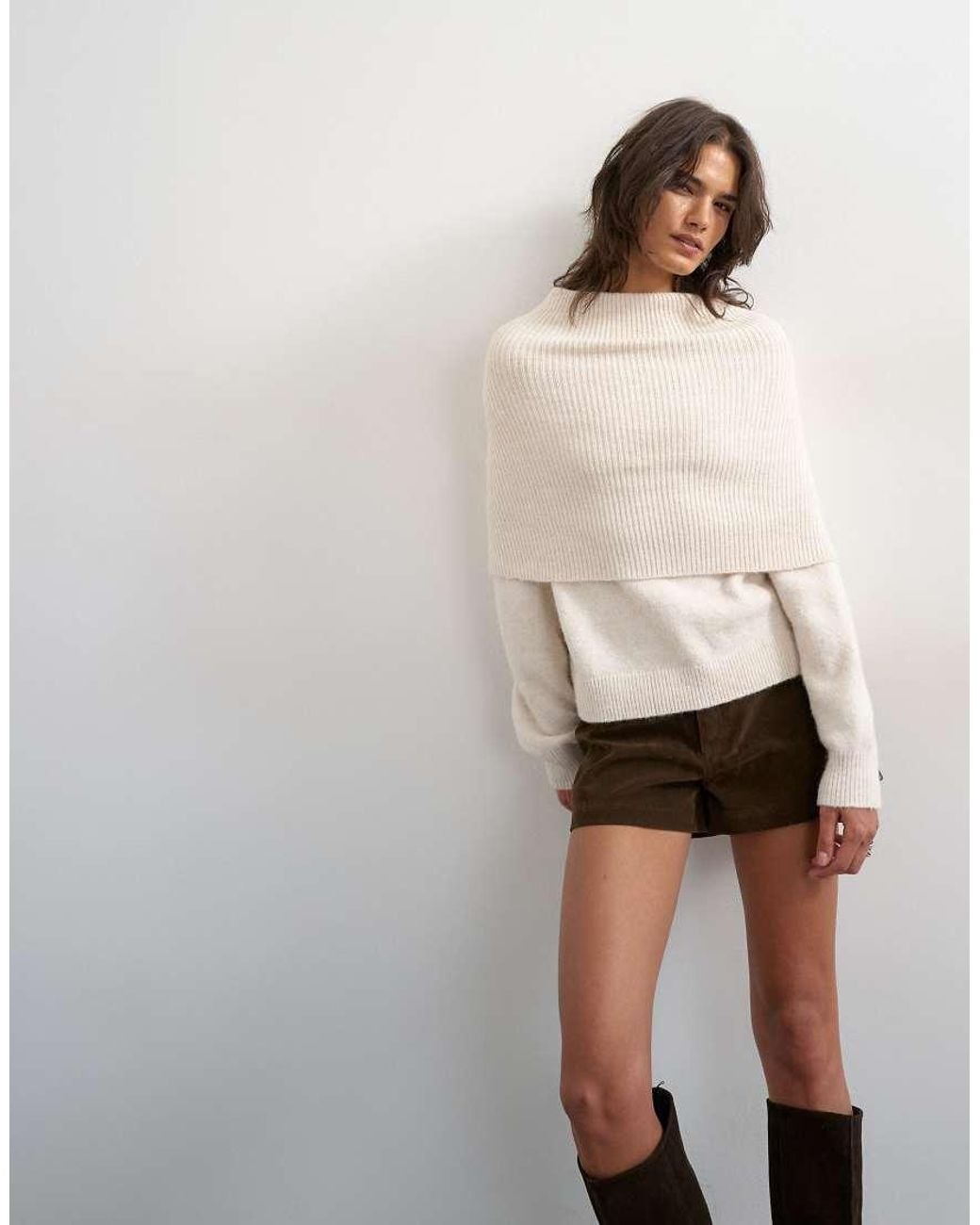 TOPSHOP Natural Knitted Deep Fold Bardot Jumper