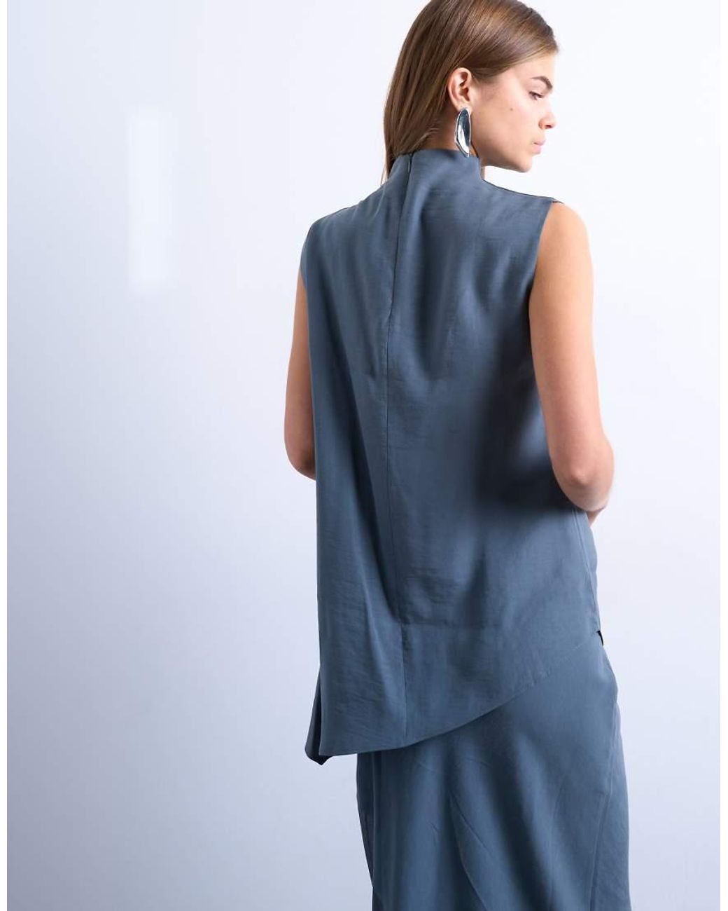 TOPSHOP Blue Cupro Asym Hem Draped Tunic Top