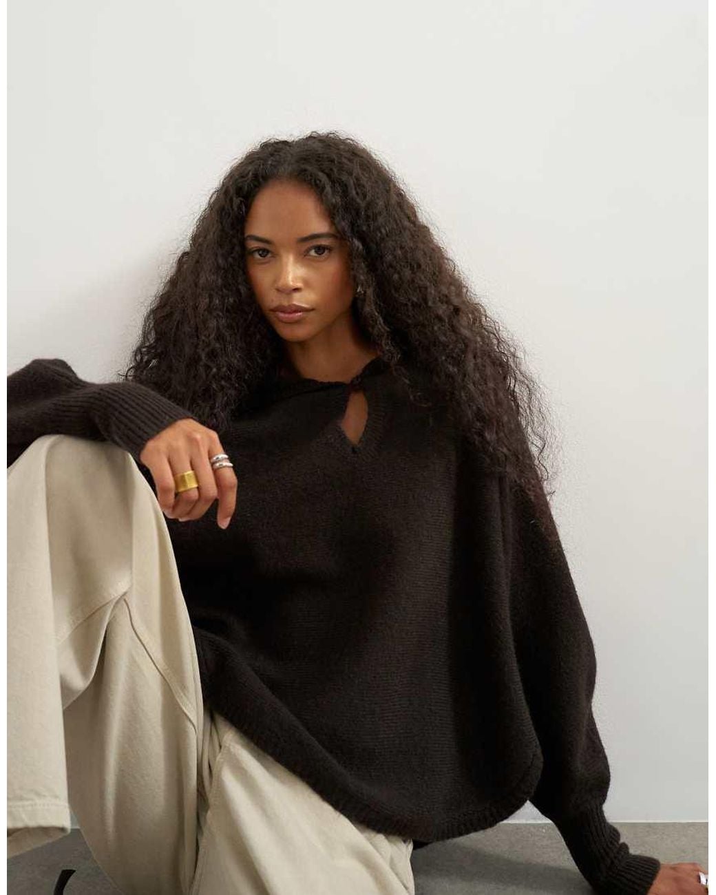 TOPSHOP Black Knitted Key Hole Curved Hem Hooded Jumper