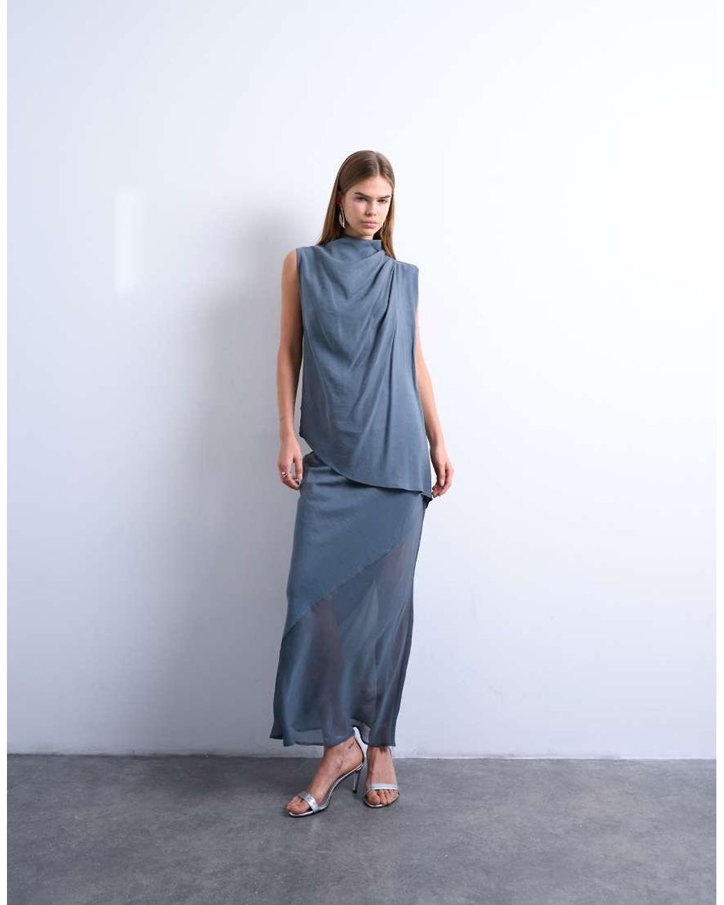TOPSHOP Blue Mixed Fabric Satin Bias Skirt