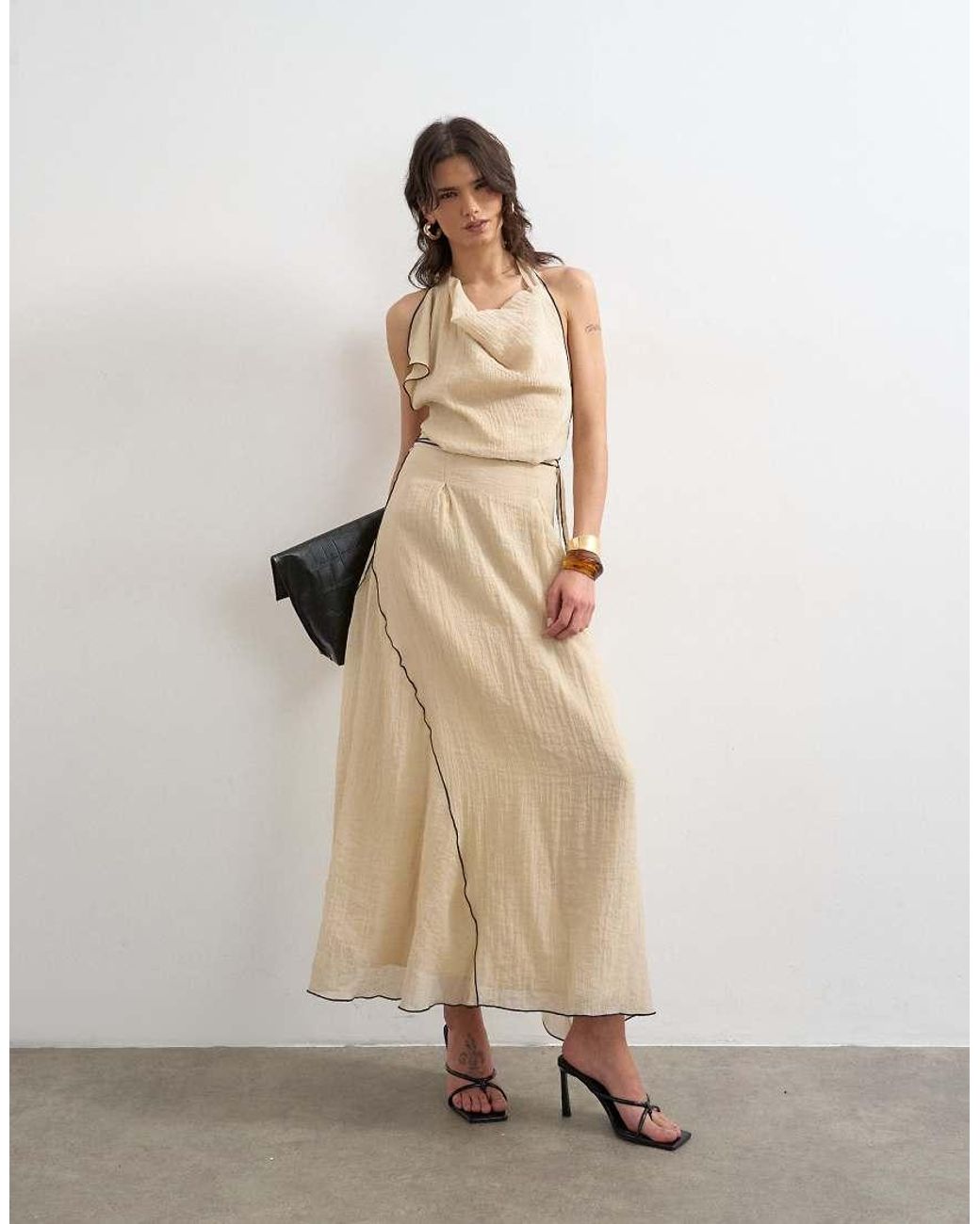 TOPSHOP Natural Tie Waist Halter Neck Maxi Dress With Contrast Trim