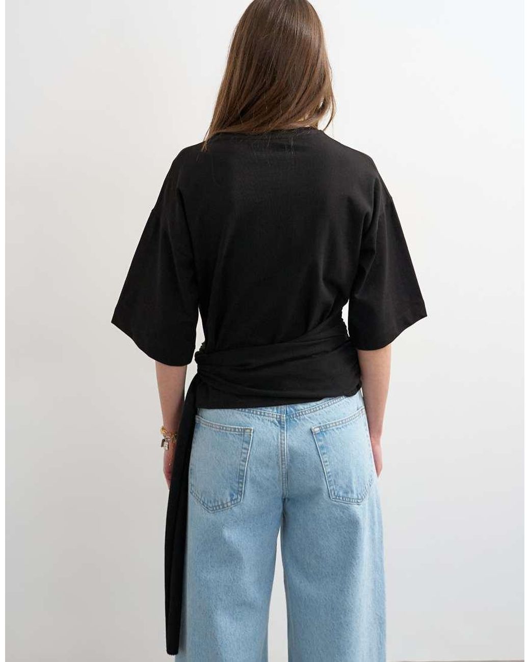 TOPSHOP Black Wrap Waist Tie Detail Top