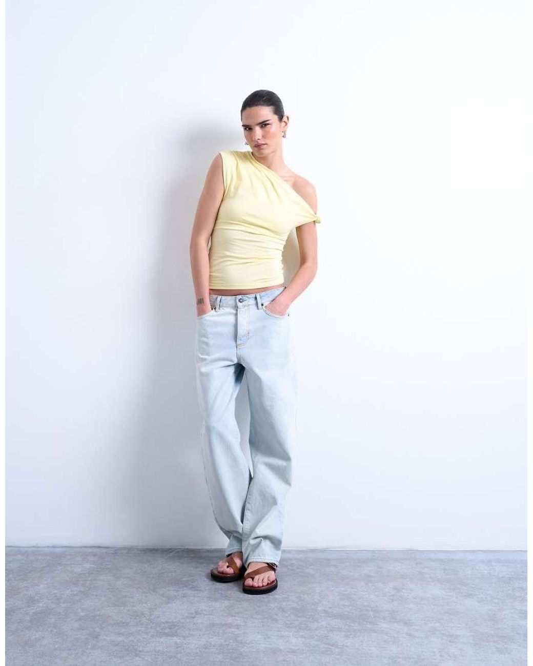 TOPSHOP Natural Asymmetric Ruched Shoulder Top