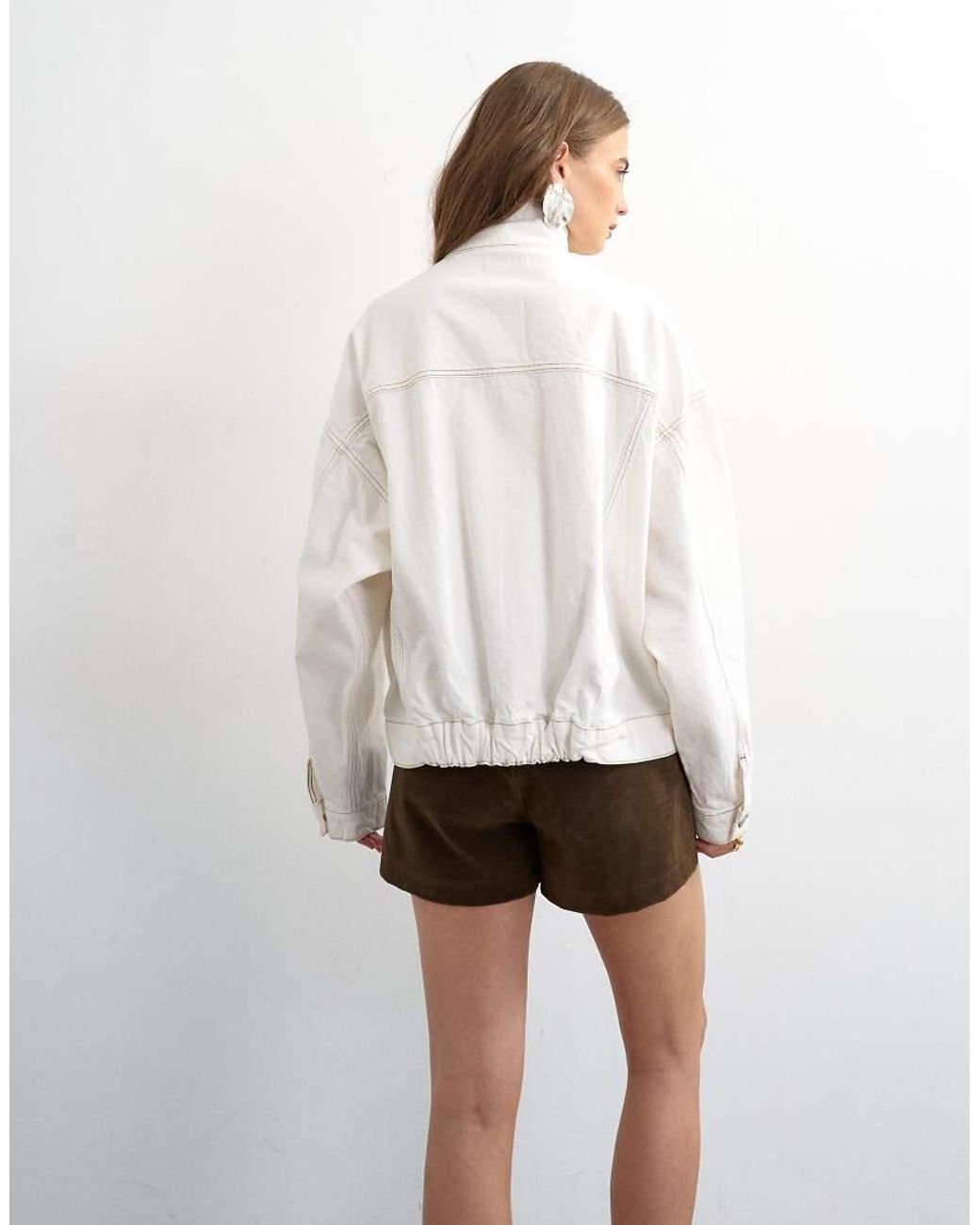 TOPSHOP White Denim Funnel Neck Elastic Hem Detail Jacket