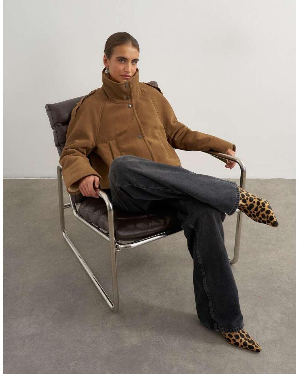 TOPSHOP Brown Shearling Double Breasted Short Biker