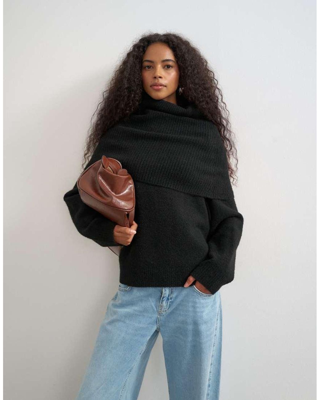 TOPSHOP Black Knitted Wool Blend Deep Fold Bardot Jumper