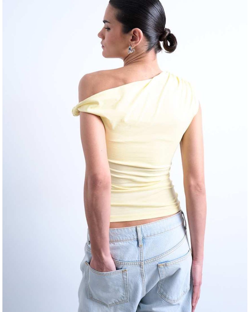 TOPSHOP Natural Asymmetric Ruched Shoulder Top
