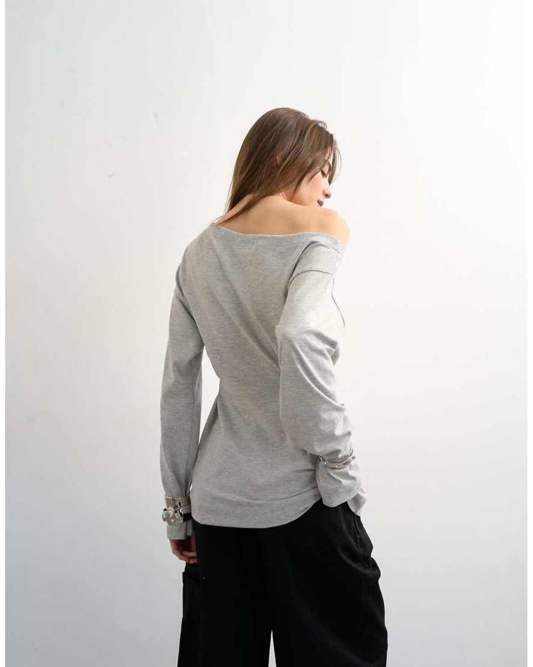 TOPSHOP Gray Cinch Off The Shoulder Top