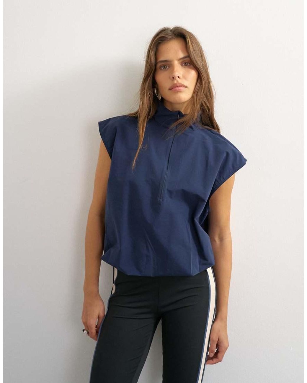 TOPSHOP Blue Funnel Neck Grown On Sleeve Tech Top