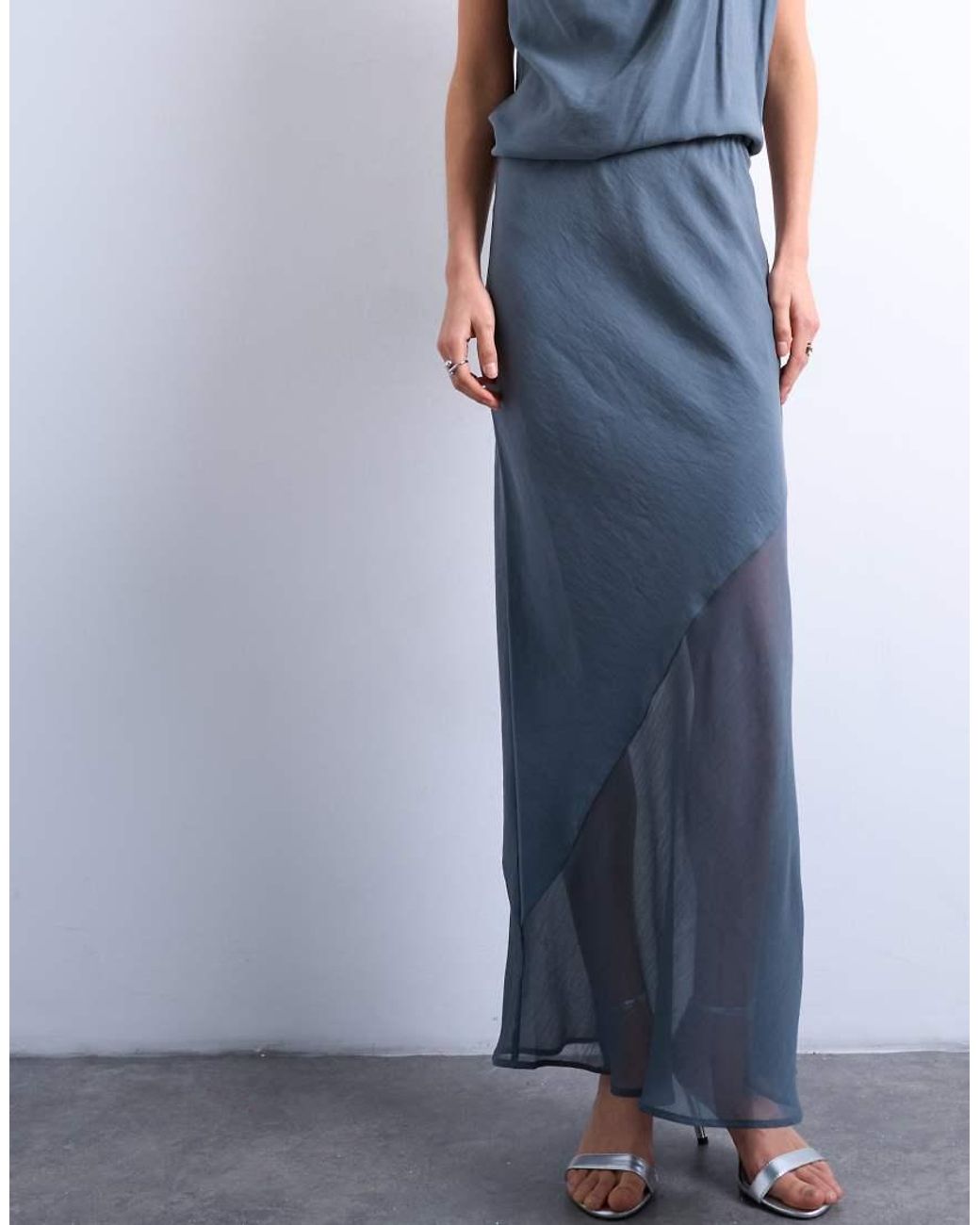 TOPSHOP Blue Mixed Fabric Satin Bias Skirt