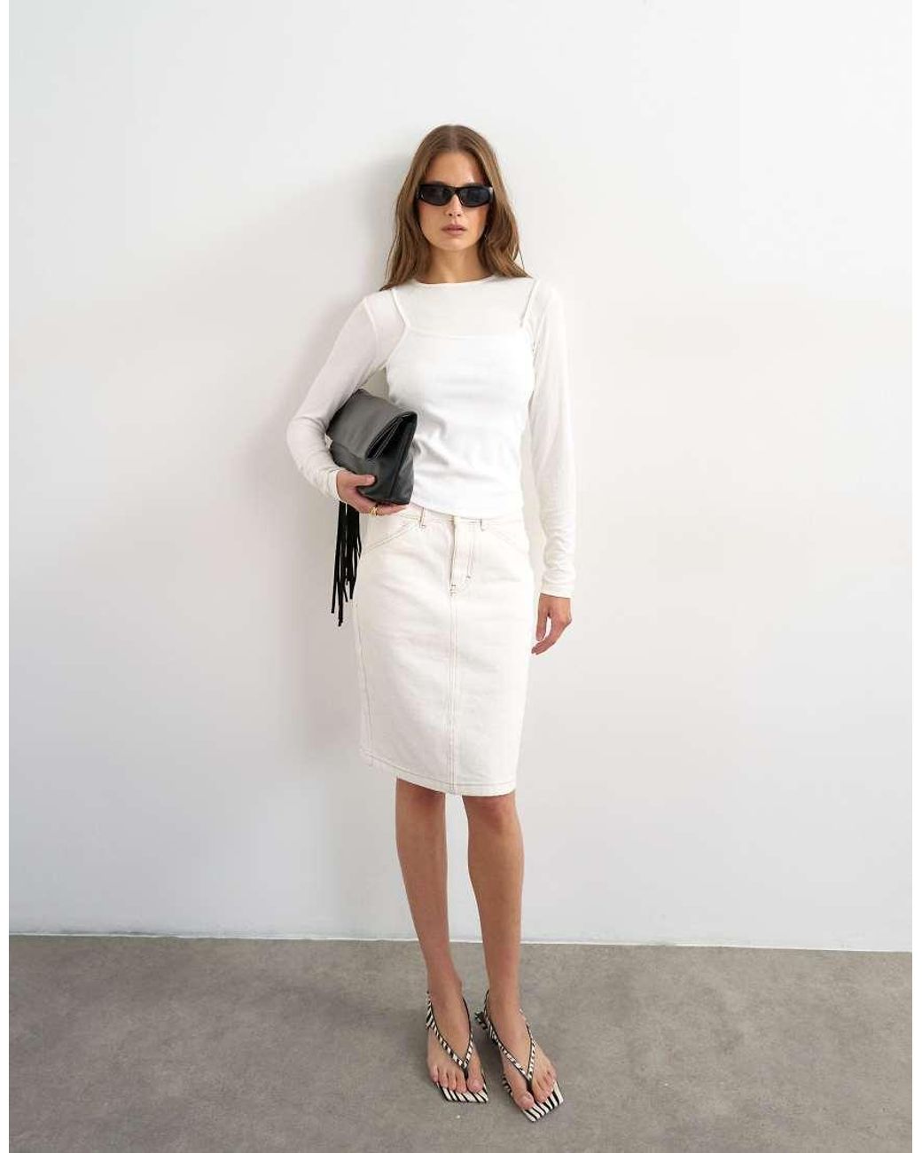 TOPSHOP White Denim 90S Midi Skirt