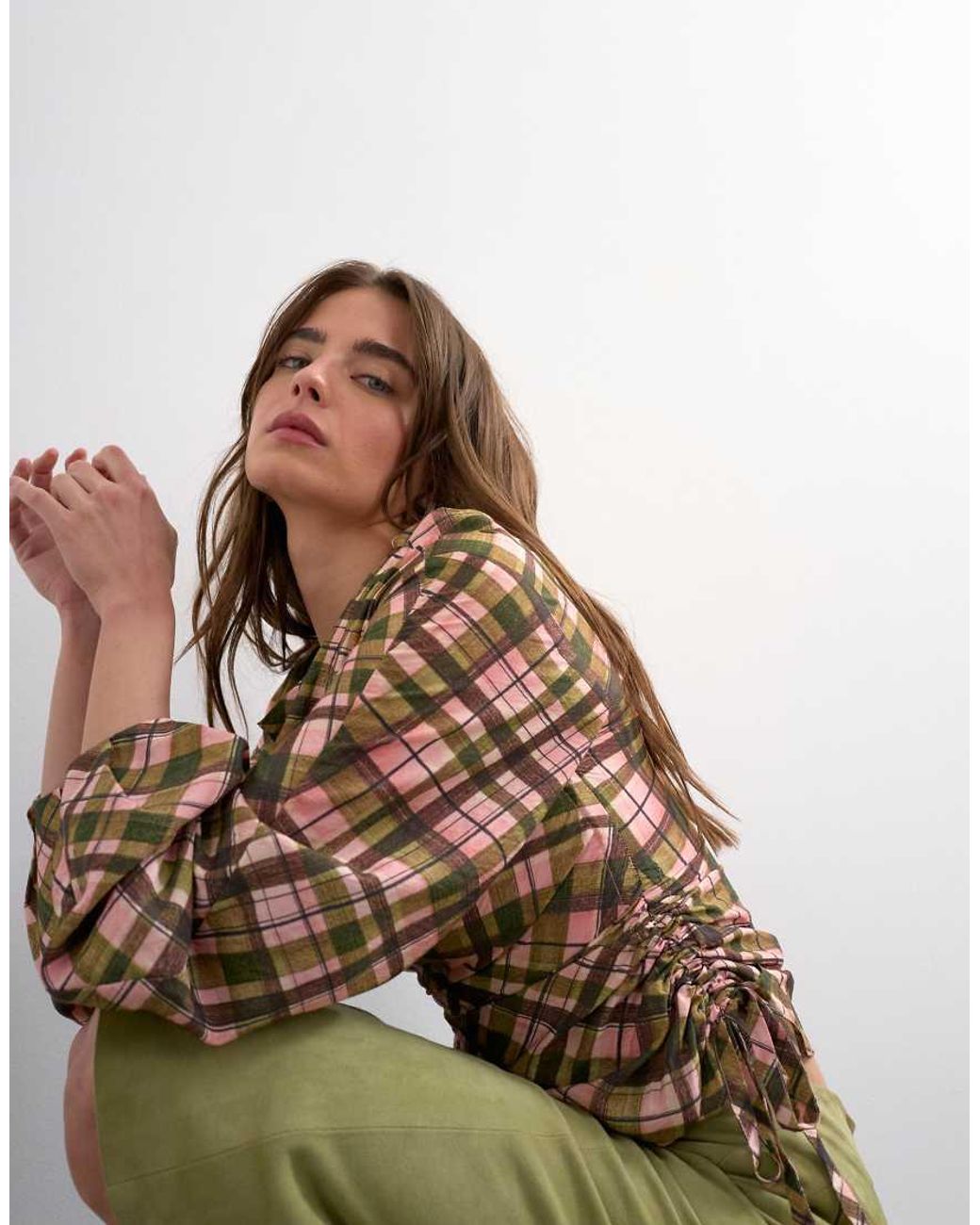 TOPSHOP Multicolor Check Print Long Sleeve Ruched Side Top