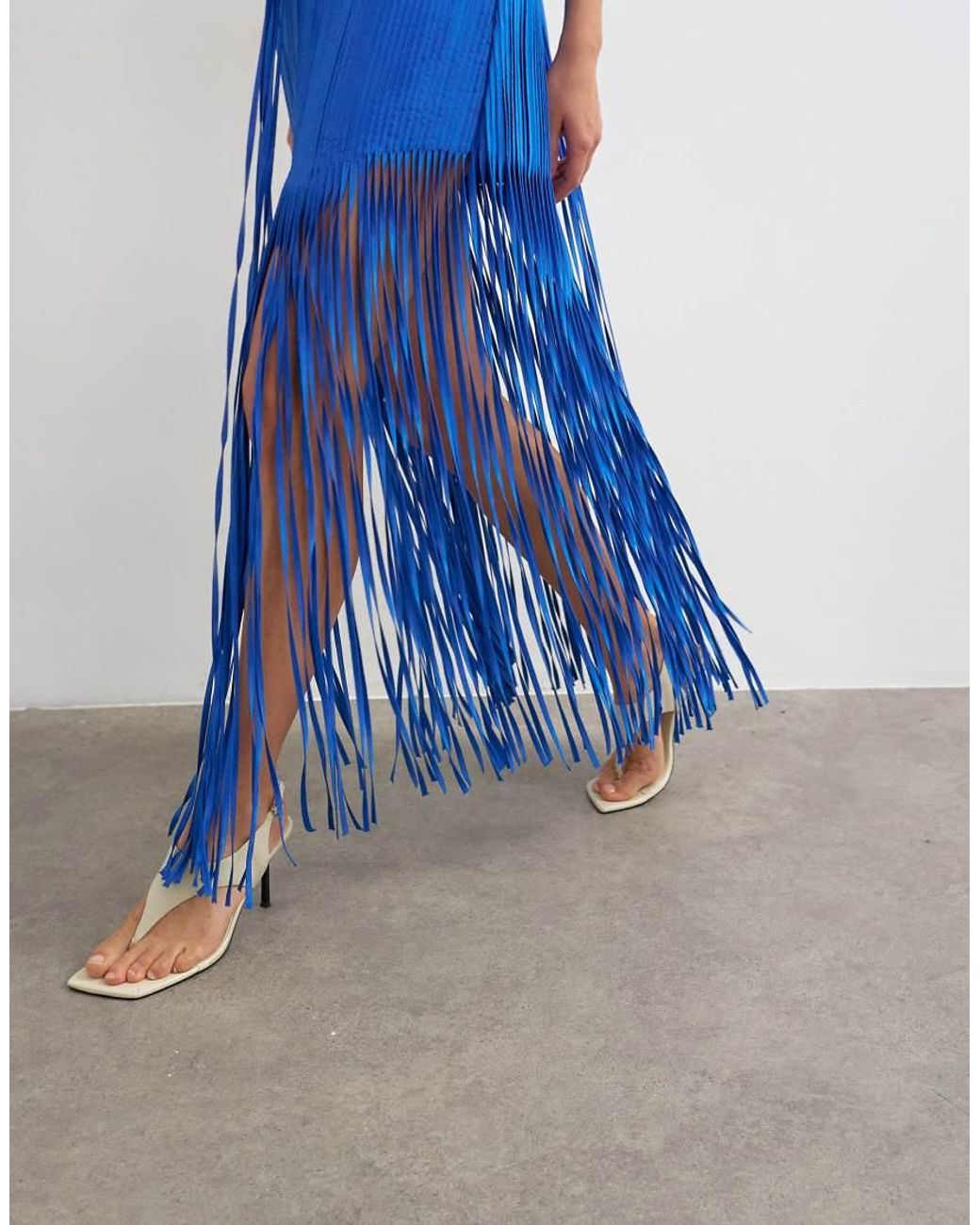 TOPSHOP Blue Premium Viscose Satin Handstitched Applique Bodice Fringed Maxi Dress
