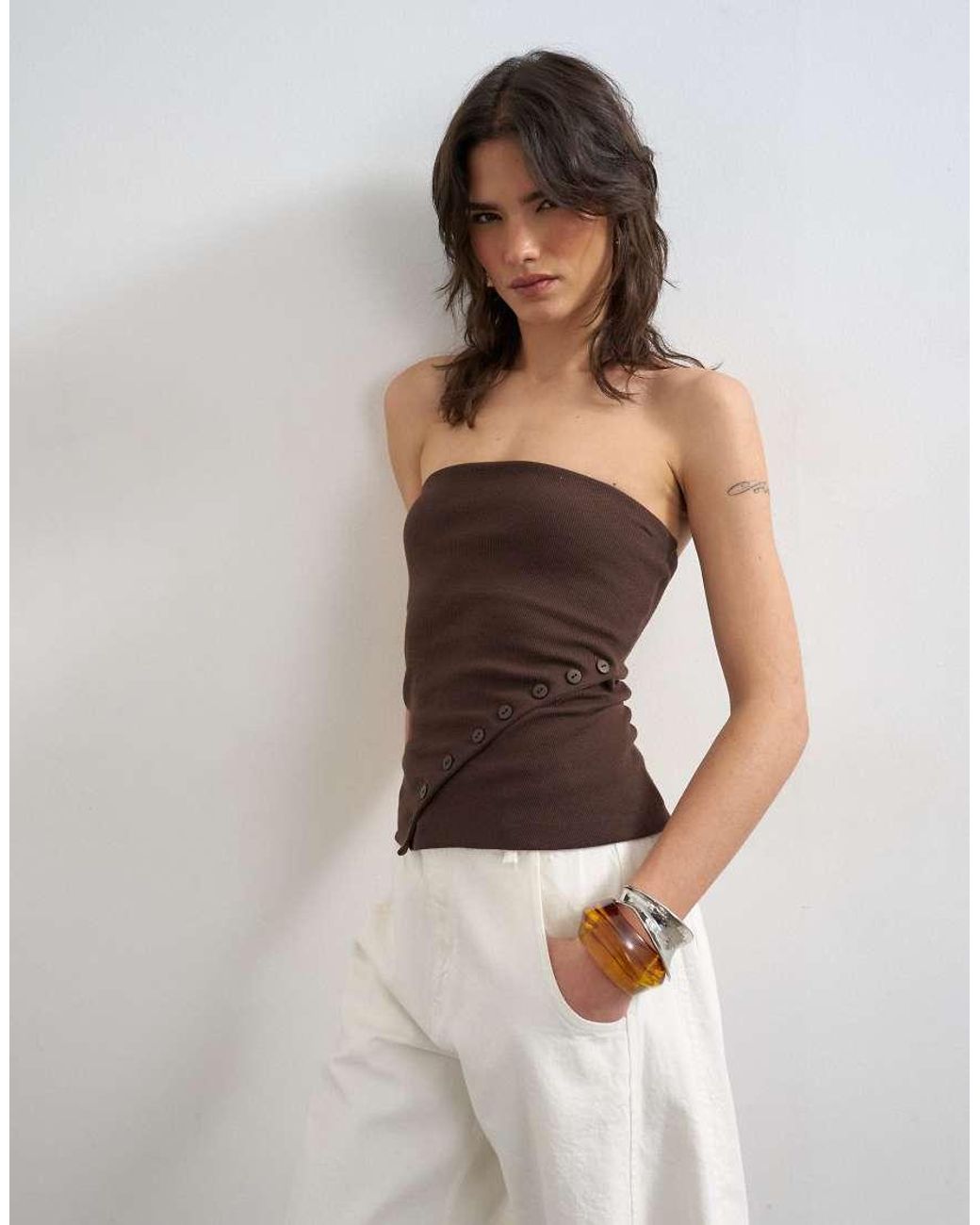 TOPSHOP Brown Bandeau Button Detail Top