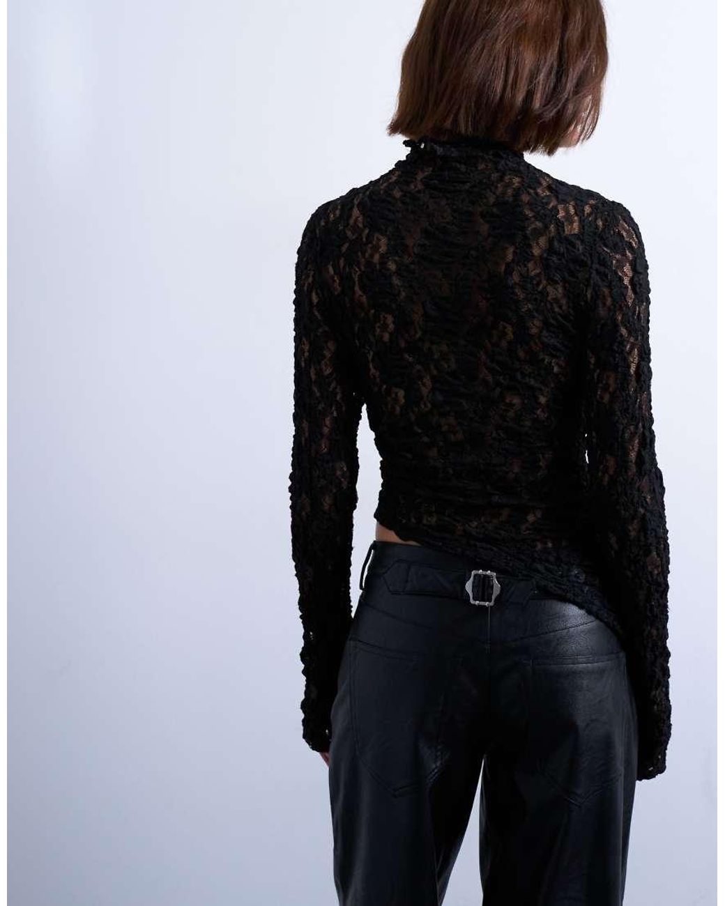 TOPSHOP Black Lace High Neck Long Sleeve Asymmetric Hem Top