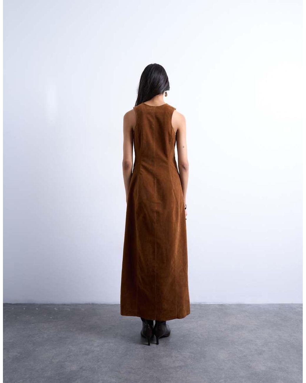 TOPSHOP Brown Faux Suede Hidden Button Plaquette Midi Dress
