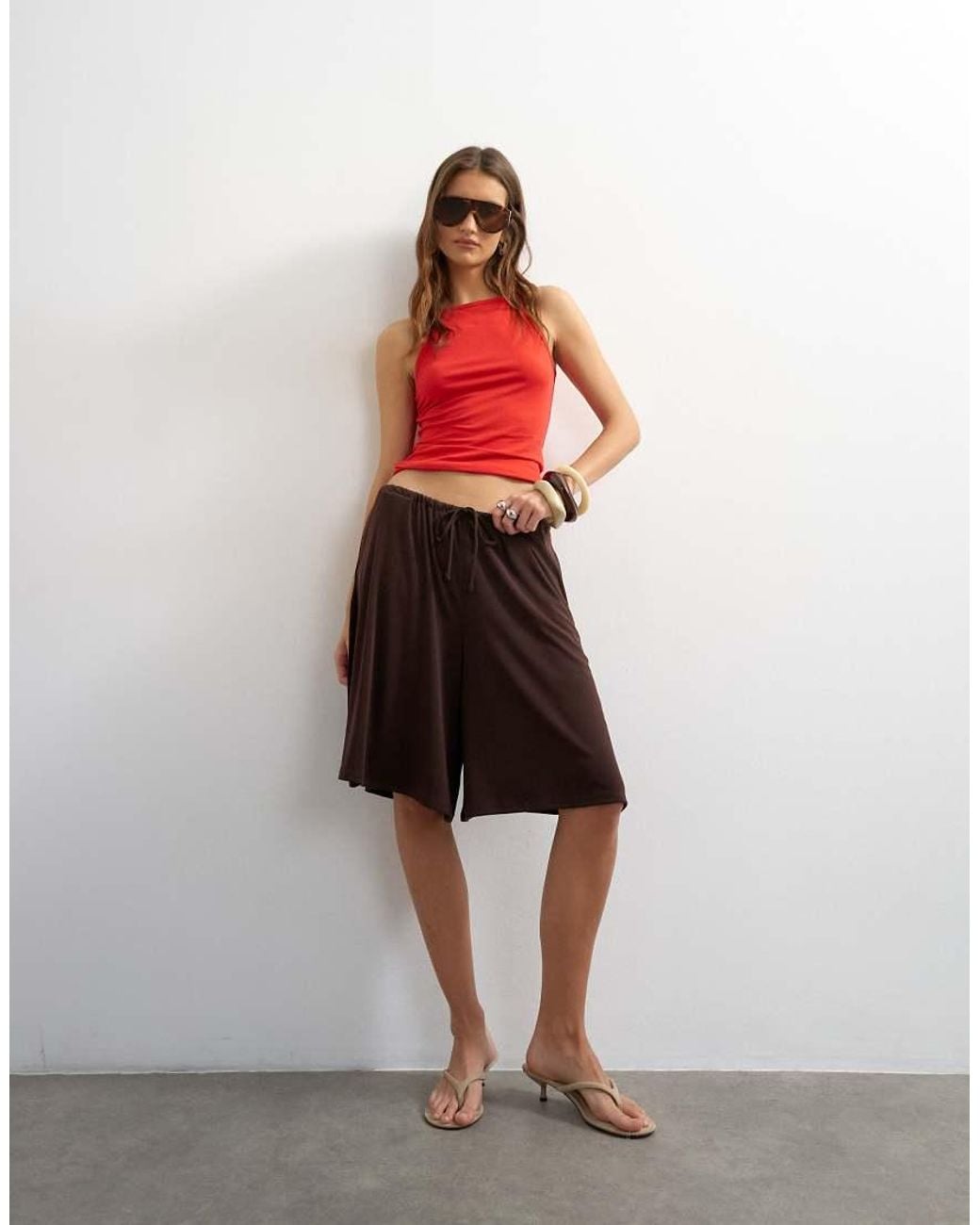 TOPSHOP Red Cupro Bermuda Drawstring Shorts