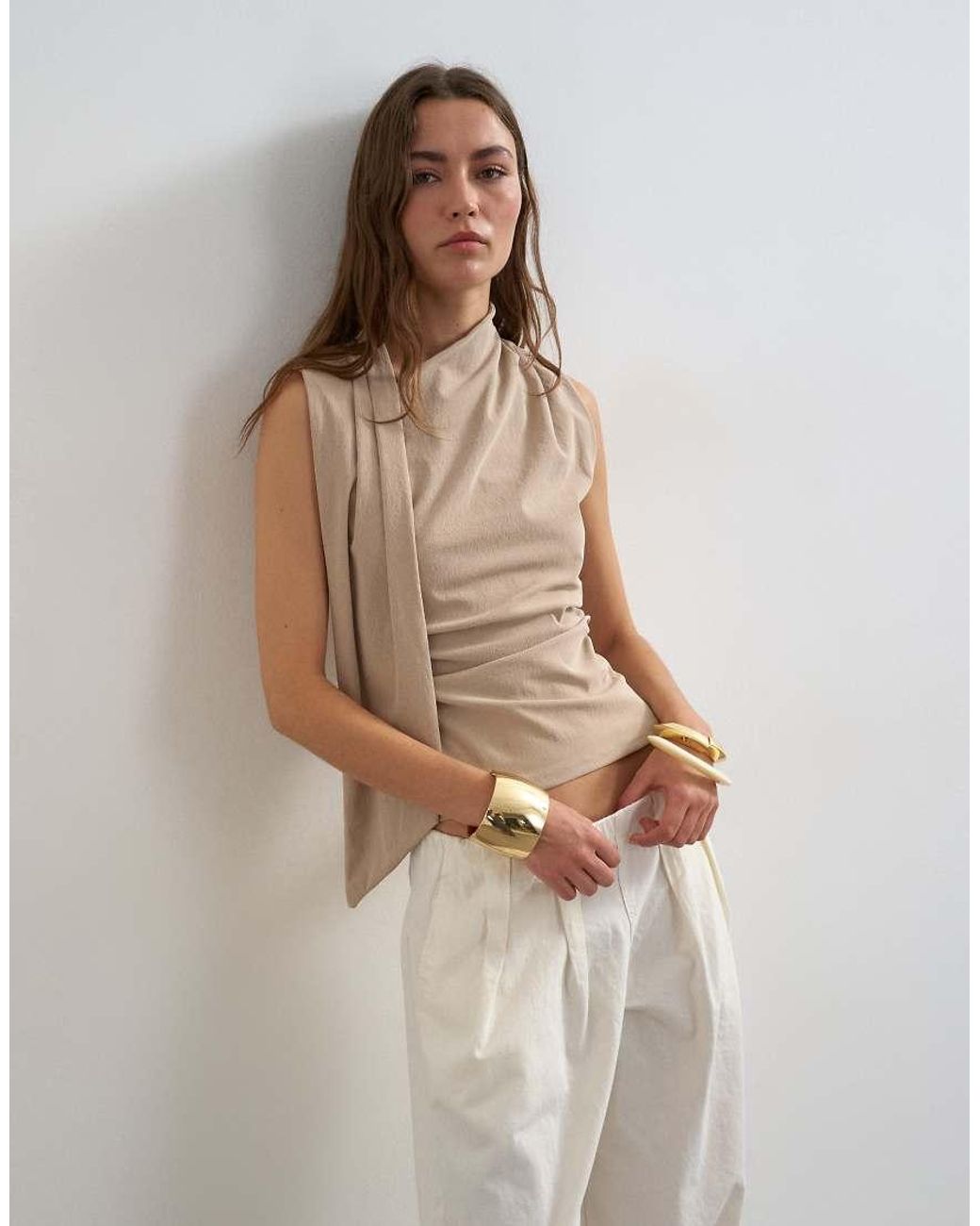 TOPSHOP White Cinch Waist Scarf Detail Top