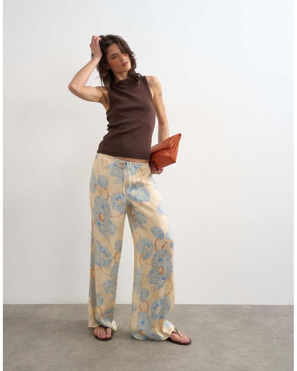 TOPSHOP White Printed Floral Jaquard Satin Wide Leg Trouser