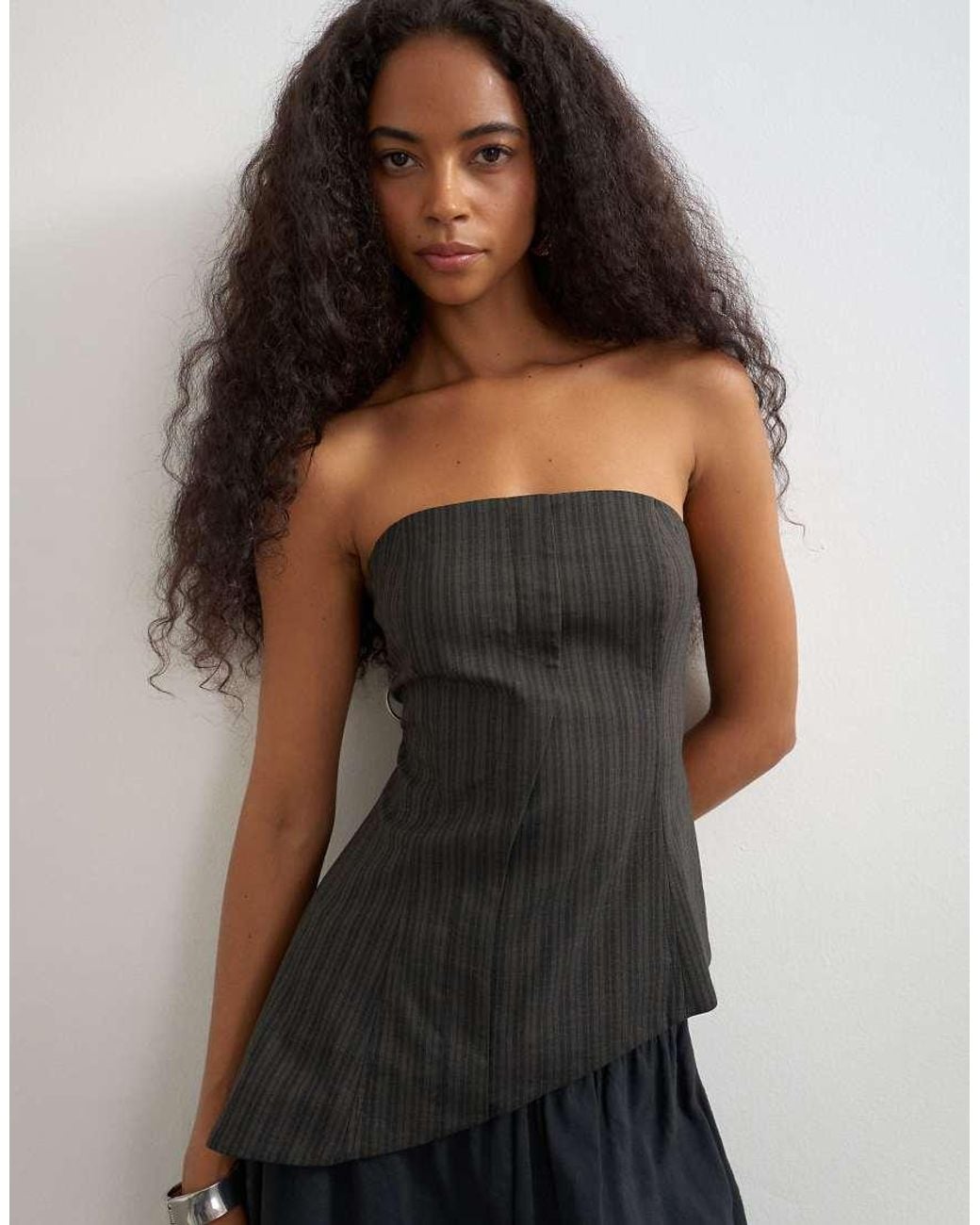 TOPSHOP Black Co Ord Stripe Asymmetric Seamed Bandeau