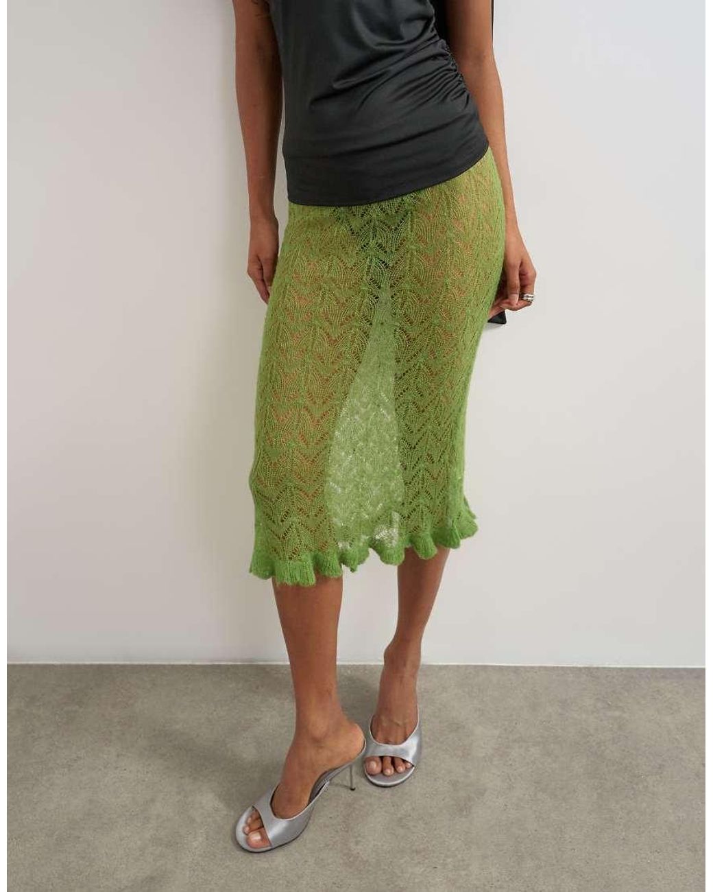 TOPSHOP Green Knitted Ruffle Hem Pointelle Midi Skirt With Wool