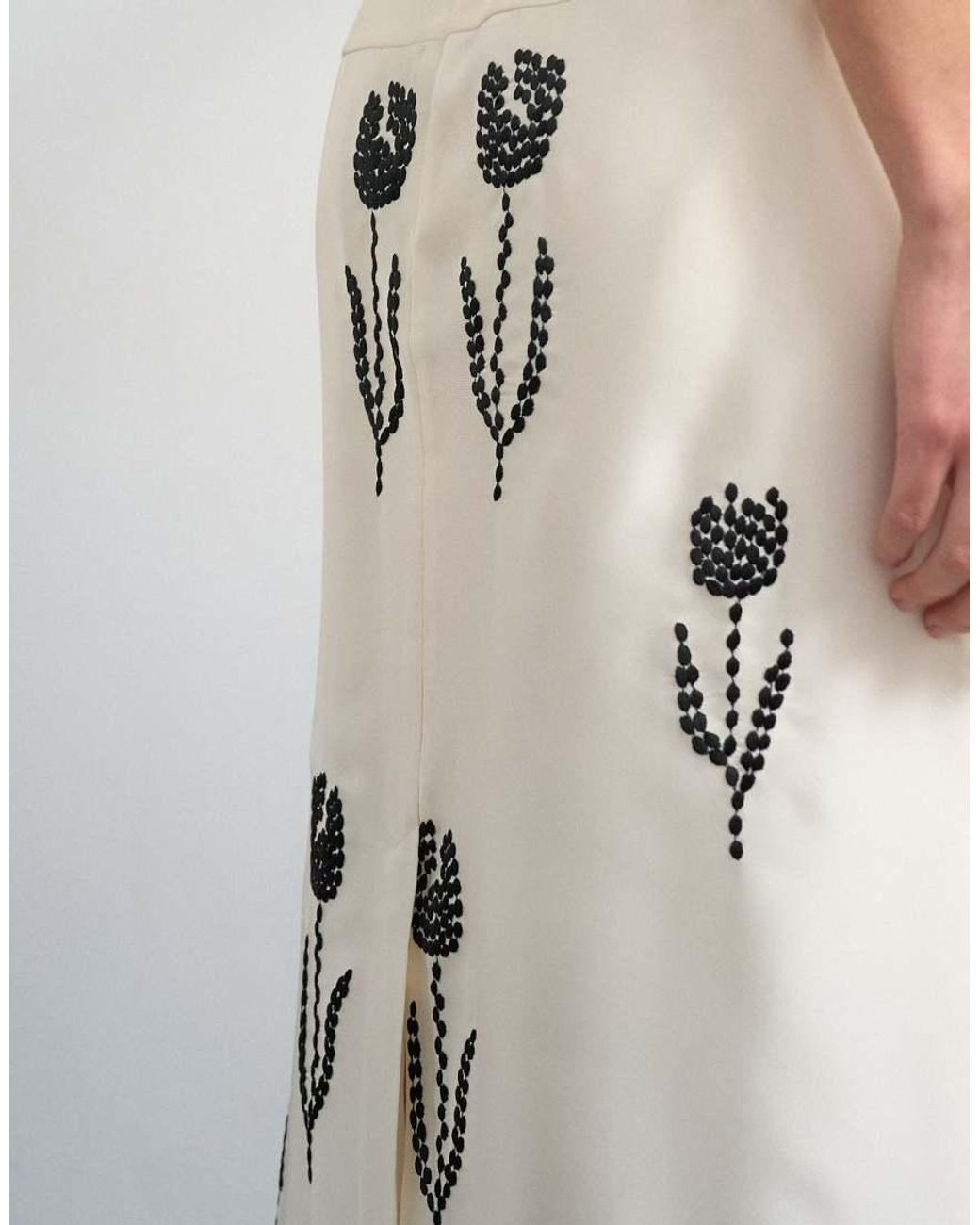 TOPSHOP White Placement Embroidery Satin Midi Skirt