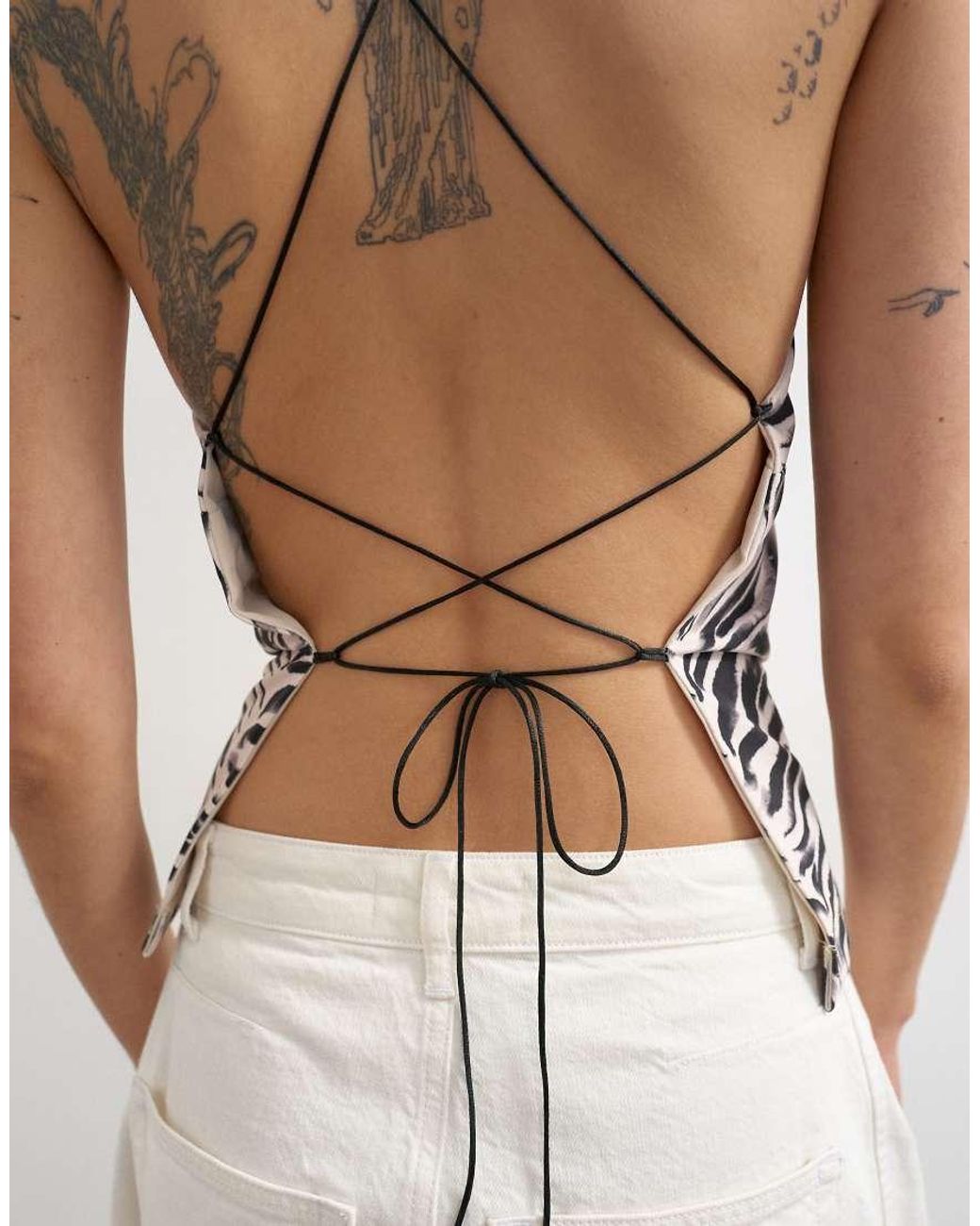 TOPSHOP White Zebra Cami Lace Up Back Top