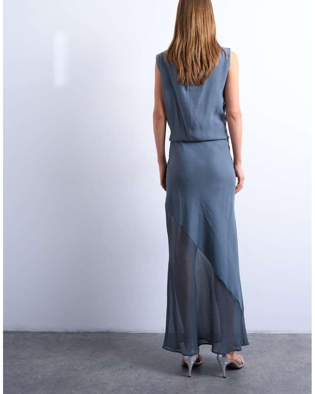 TOPSHOP Blue Mixed Fabric Satin Bias Skirt
