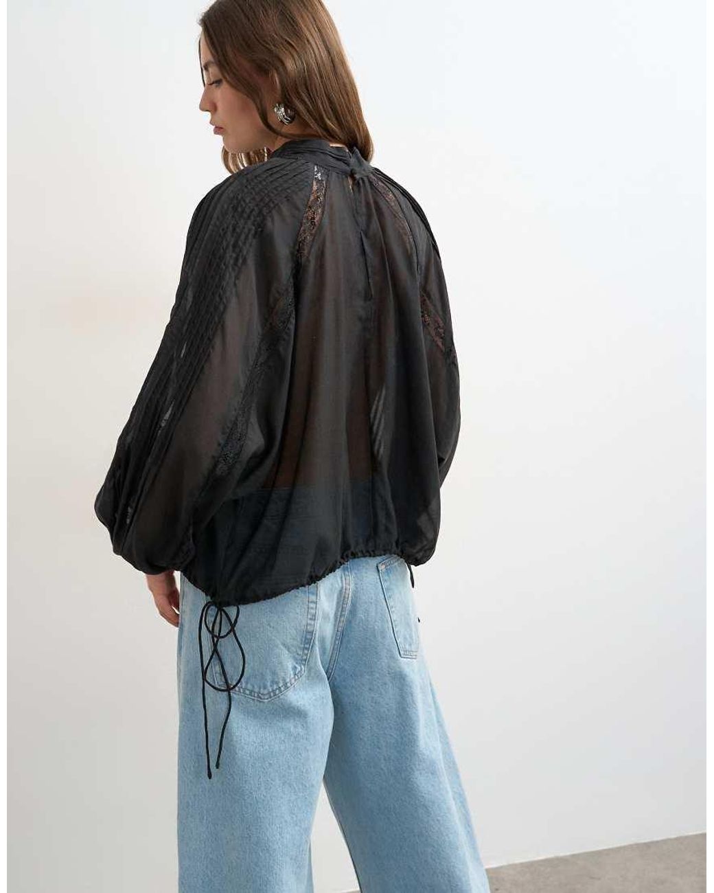 TOPSHOP Black Lace Trim Ruched Side Blouse