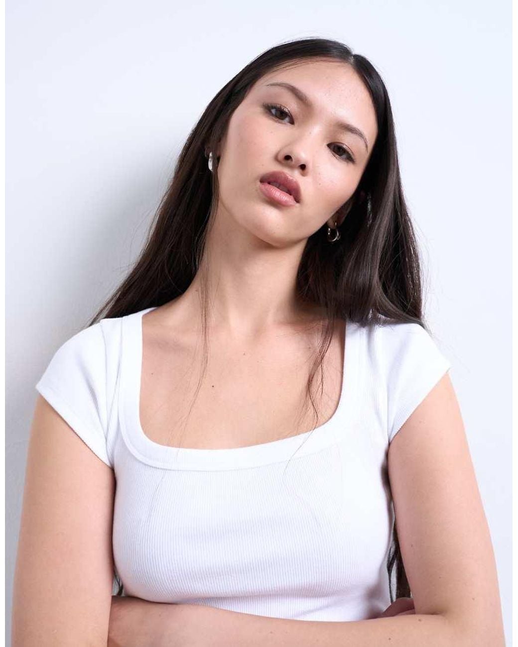 TOPSHOP White Square Neck Rib Cap Sleeve Tee