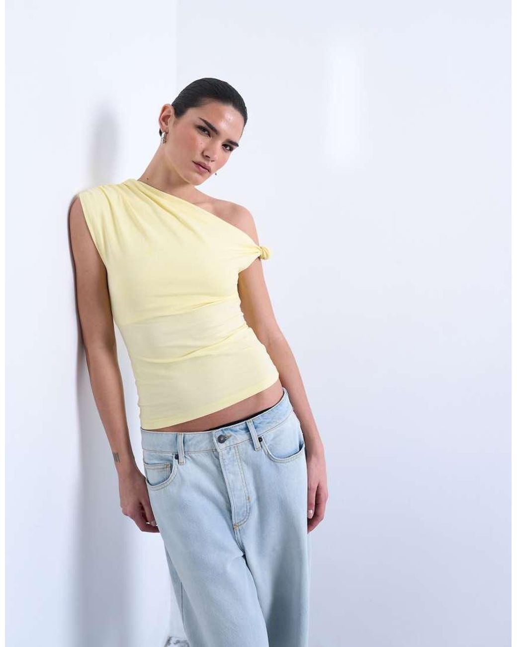 TOPSHOP Natural Asymmetric Ruched Shoulder Top