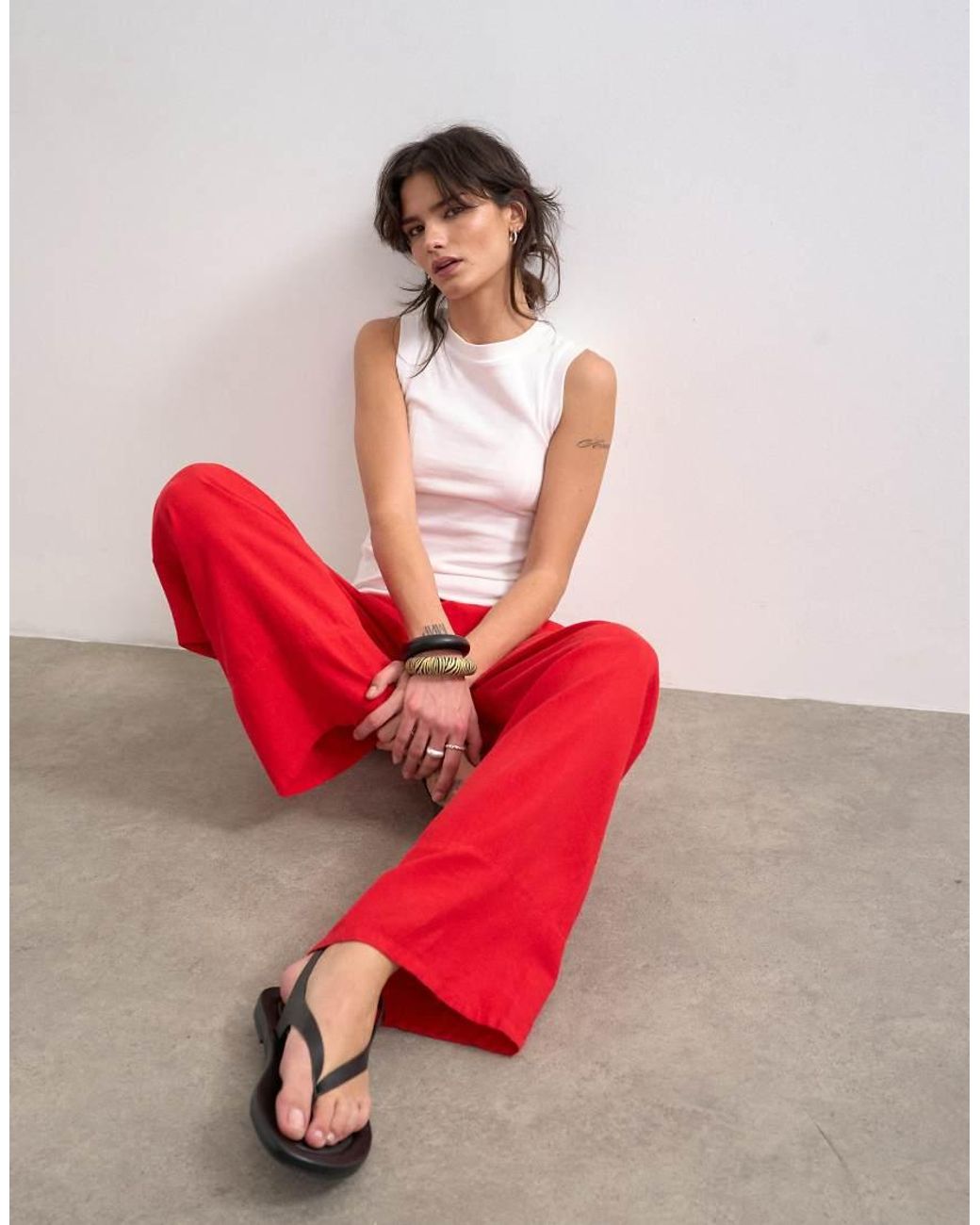 TOPSHOP Red Linen Straight Leg Trouser With Deep Cuff