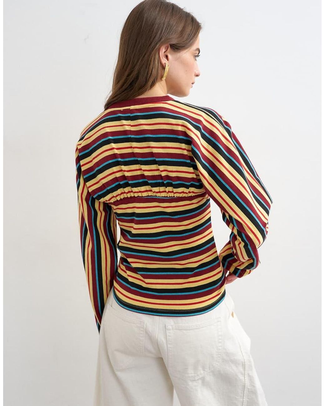 TOPSHOP White Stripe Gather Yoke Seam Long Sleeve Top