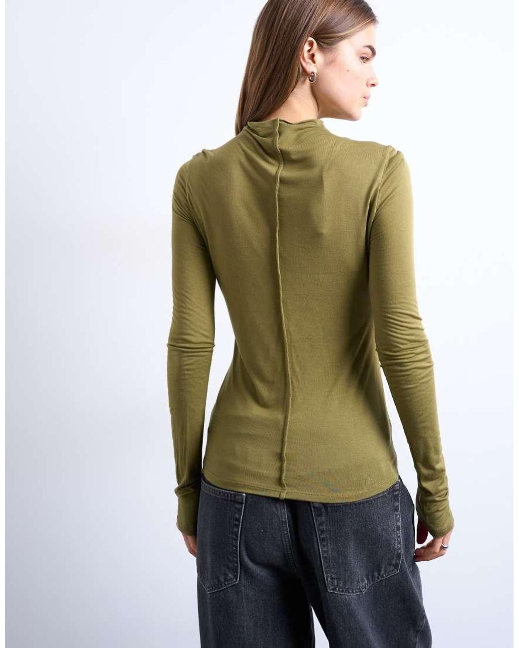 TOPSHOP Green High Neck Seam Detail Long Sleeve Top