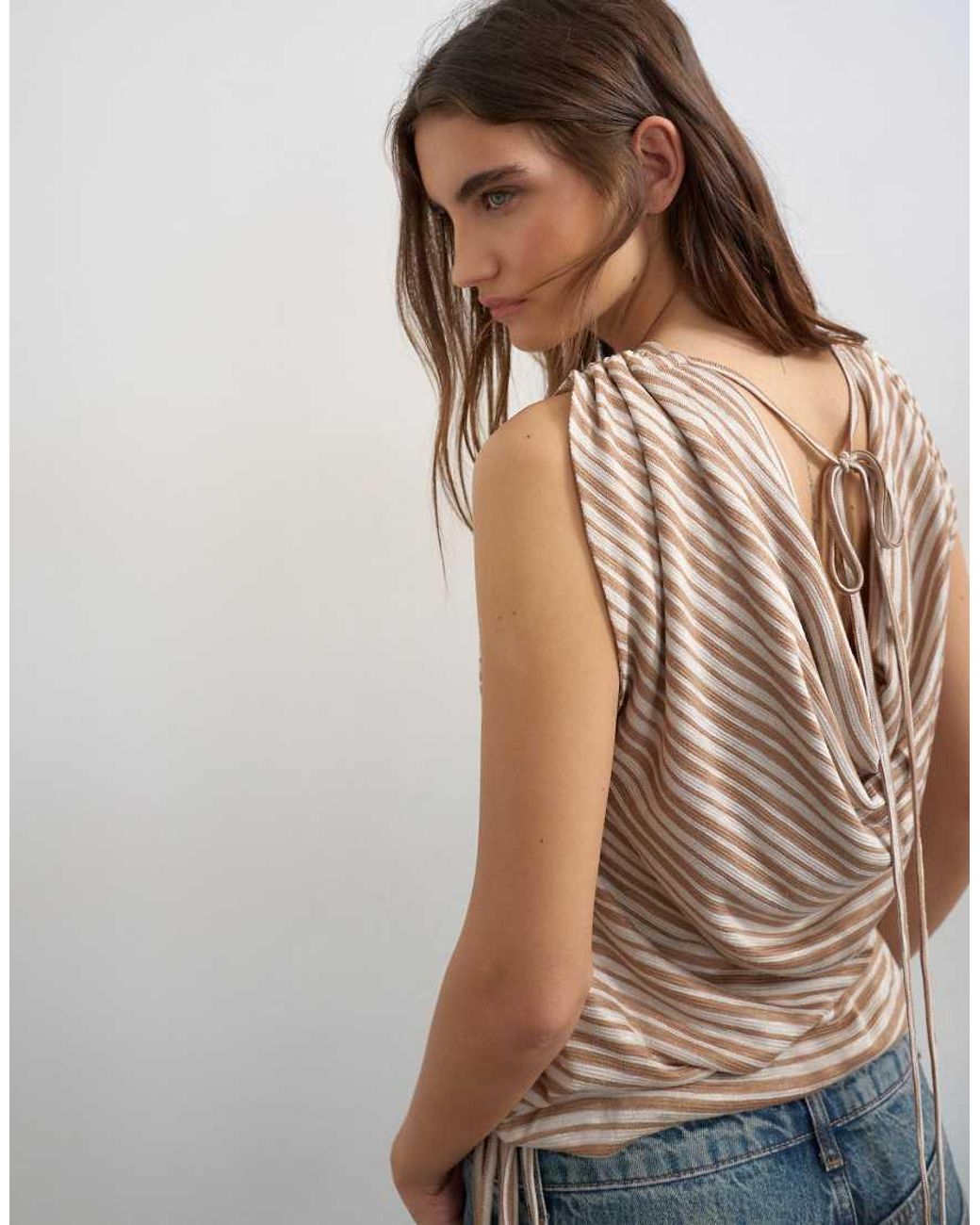 TOPSHOP Blue Stripe Linen Look Cowl Ruched Side Top