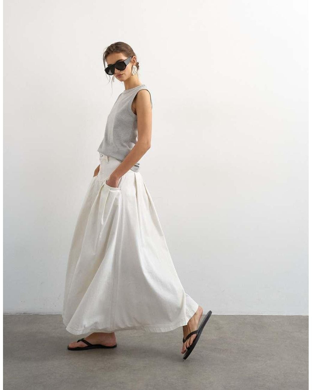 TOPSHOP White Denim Pleated Maxi Skirt