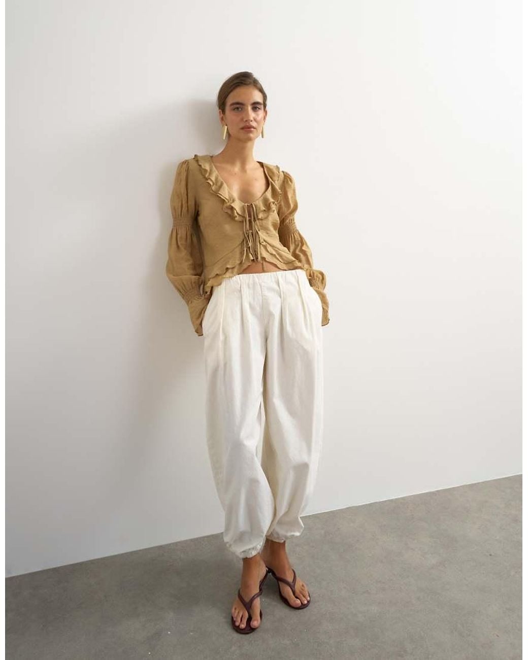 TOPSHOP Natural Ruffle Tie Front Long Sleeve Top
