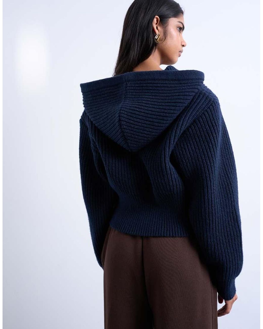 TOPSHOP Blue Knitted Button Through Shoulder Padded Hoodie