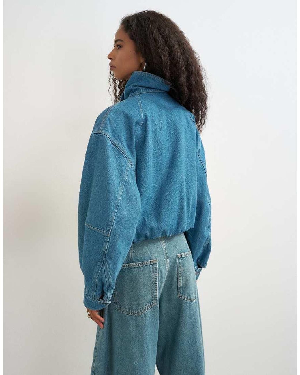 TOPSHOP Blue Denim Elastic Waistband Bomber Jacket