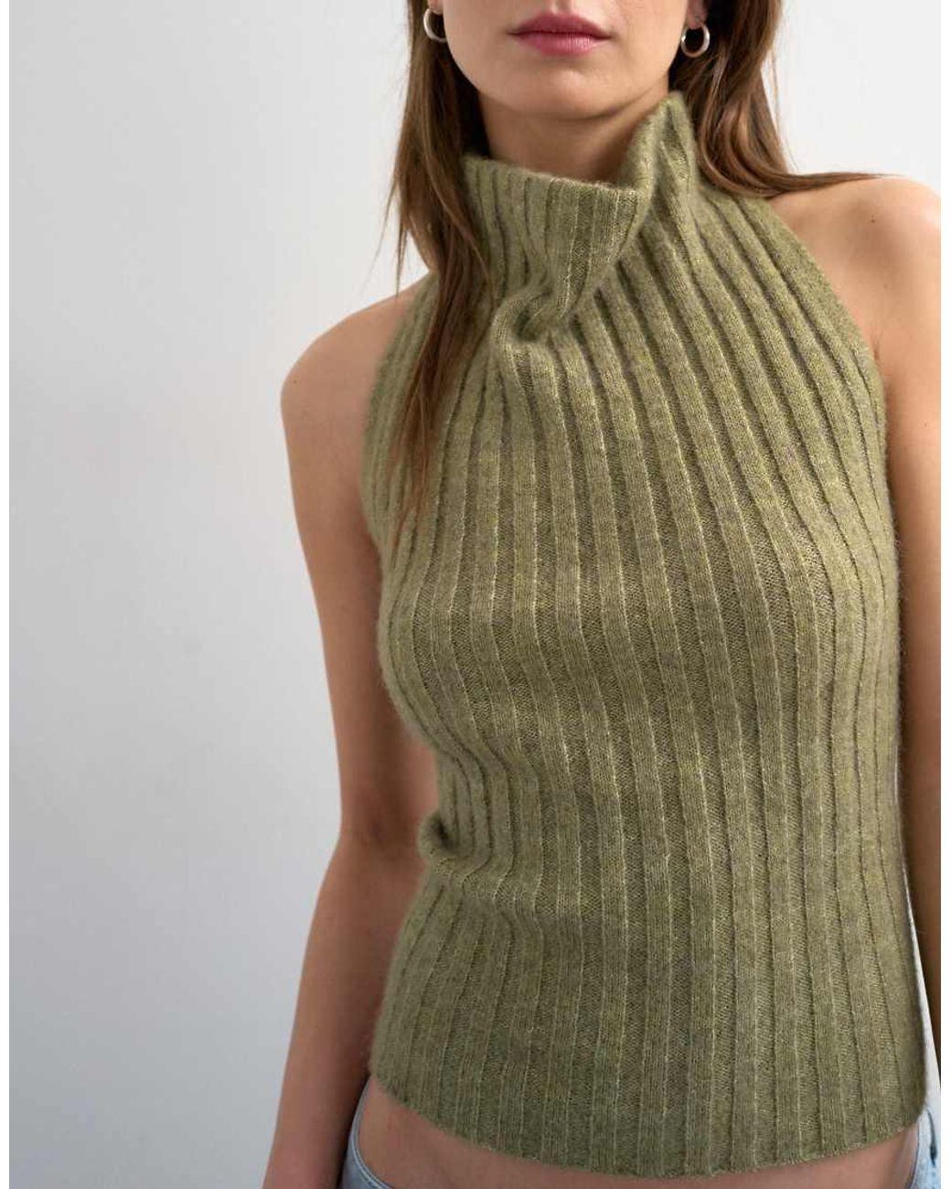 TOPSHOP Green Knit Drape Neck Low Back Top
