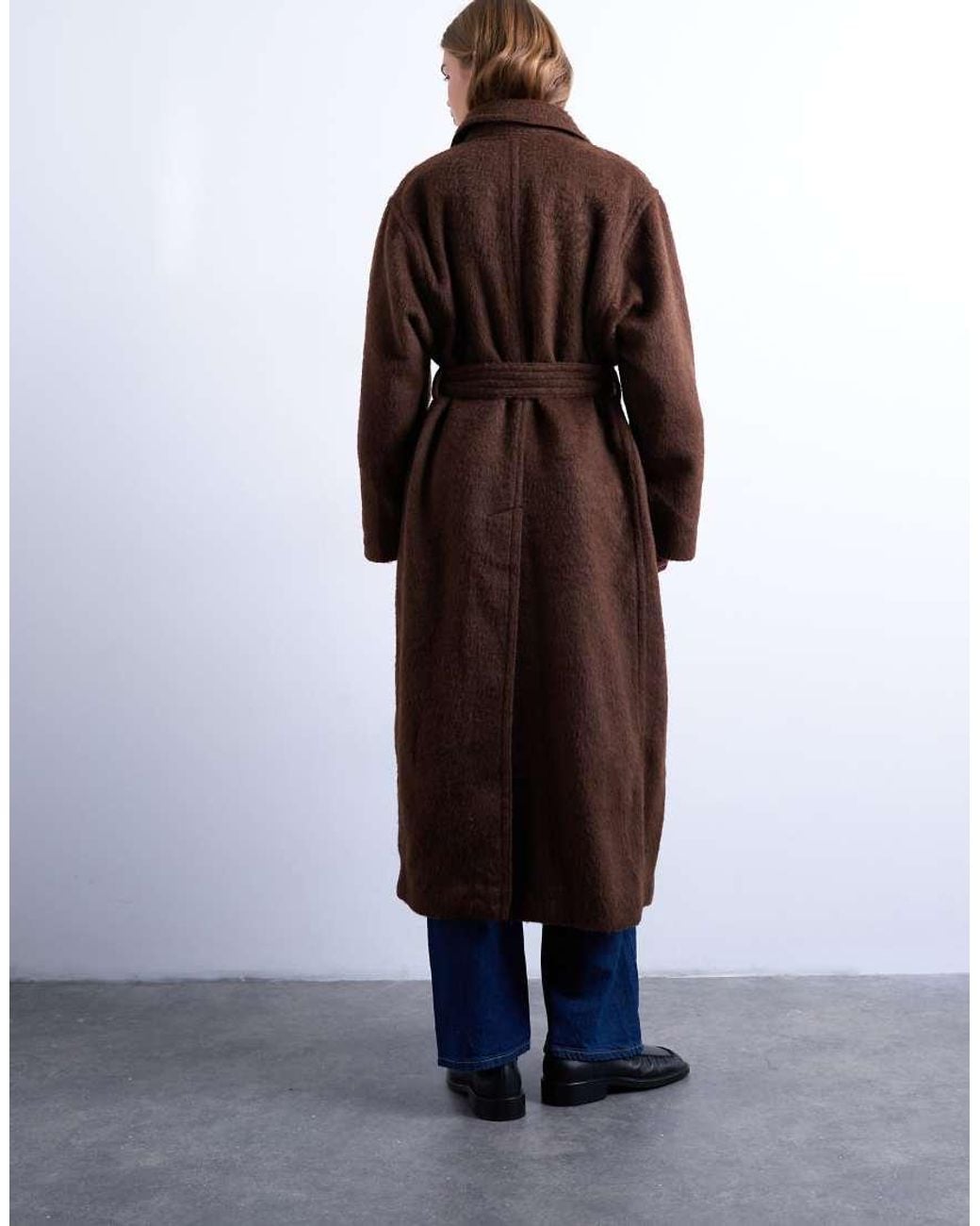 TOPSHOP Brown Unlined Double Breasted Longline Coat With Wool