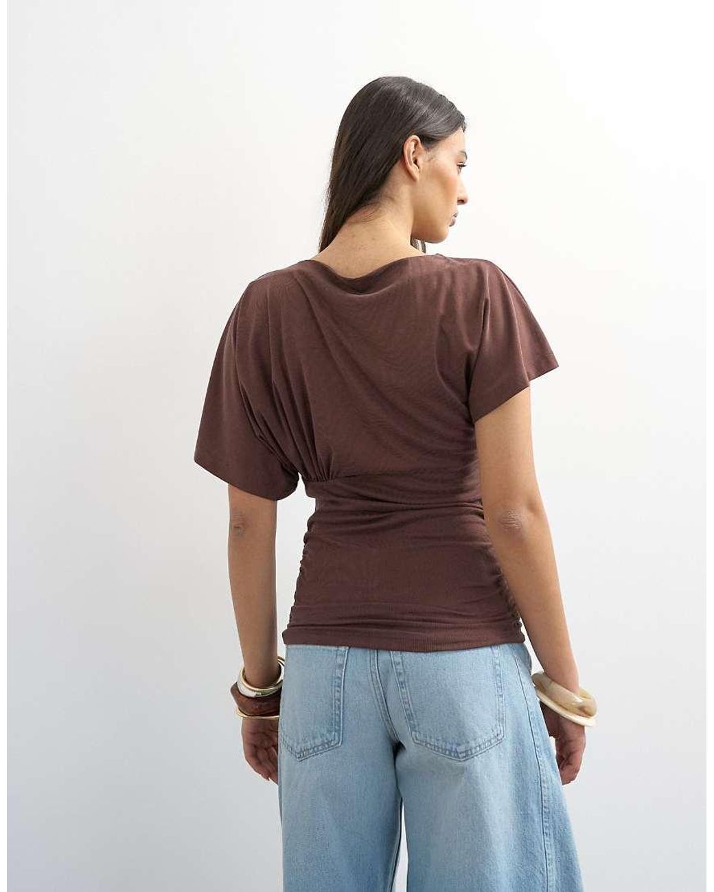 TOPSHOP Brown Cupro Ruched Side Top