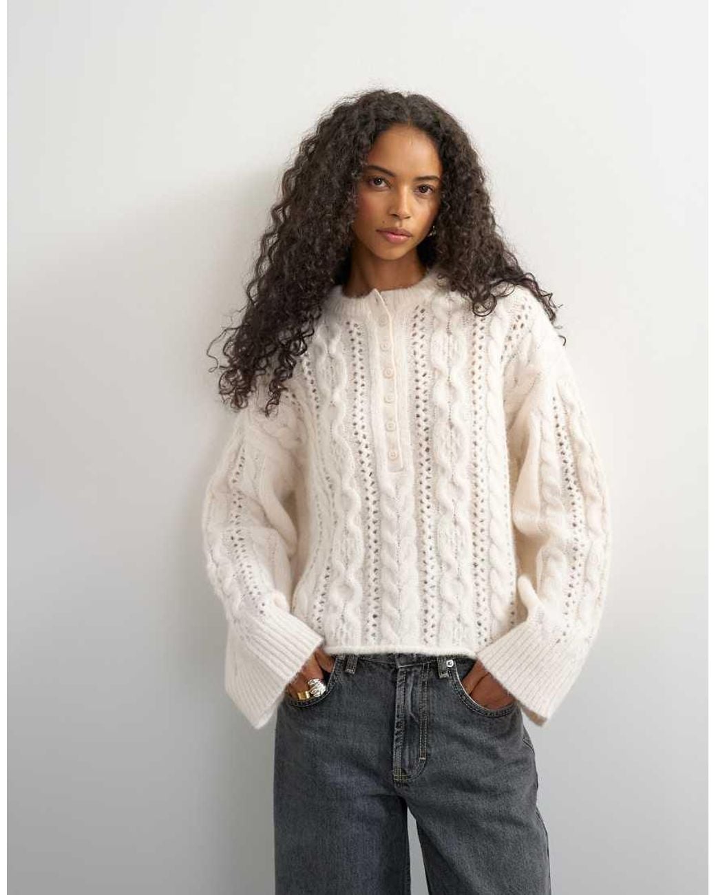 TOPSHOP Natural Knitted Easy Henley Neck Cable Jumper