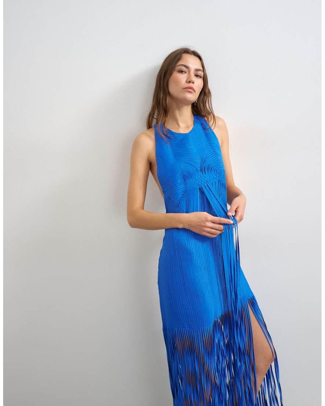 TOPSHOP Blue Premium Viscose Satin Handstitched Applique Bodice Fringed Maxi Dress