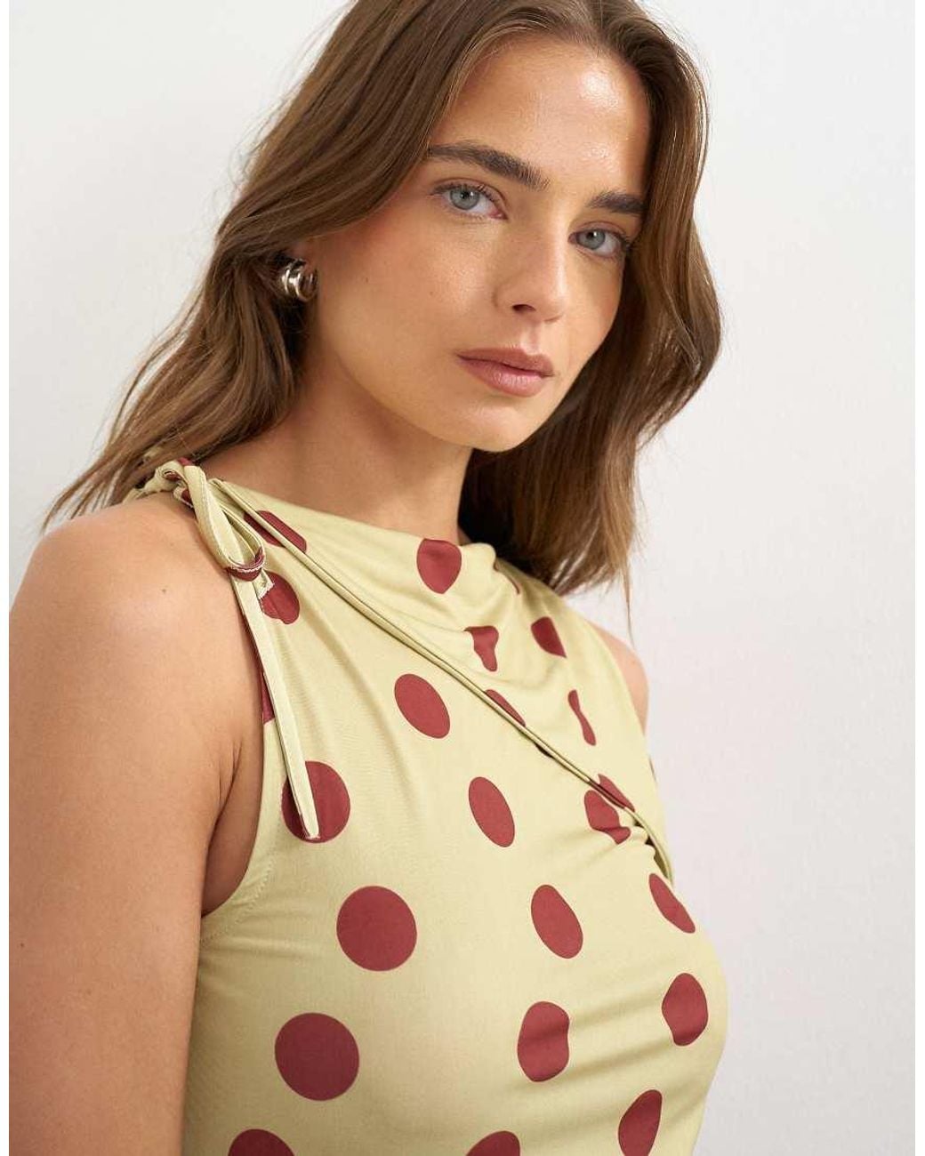 TOPSHOP Blue Polka Dot Microfibre Fold Over Tie Shoulder Top