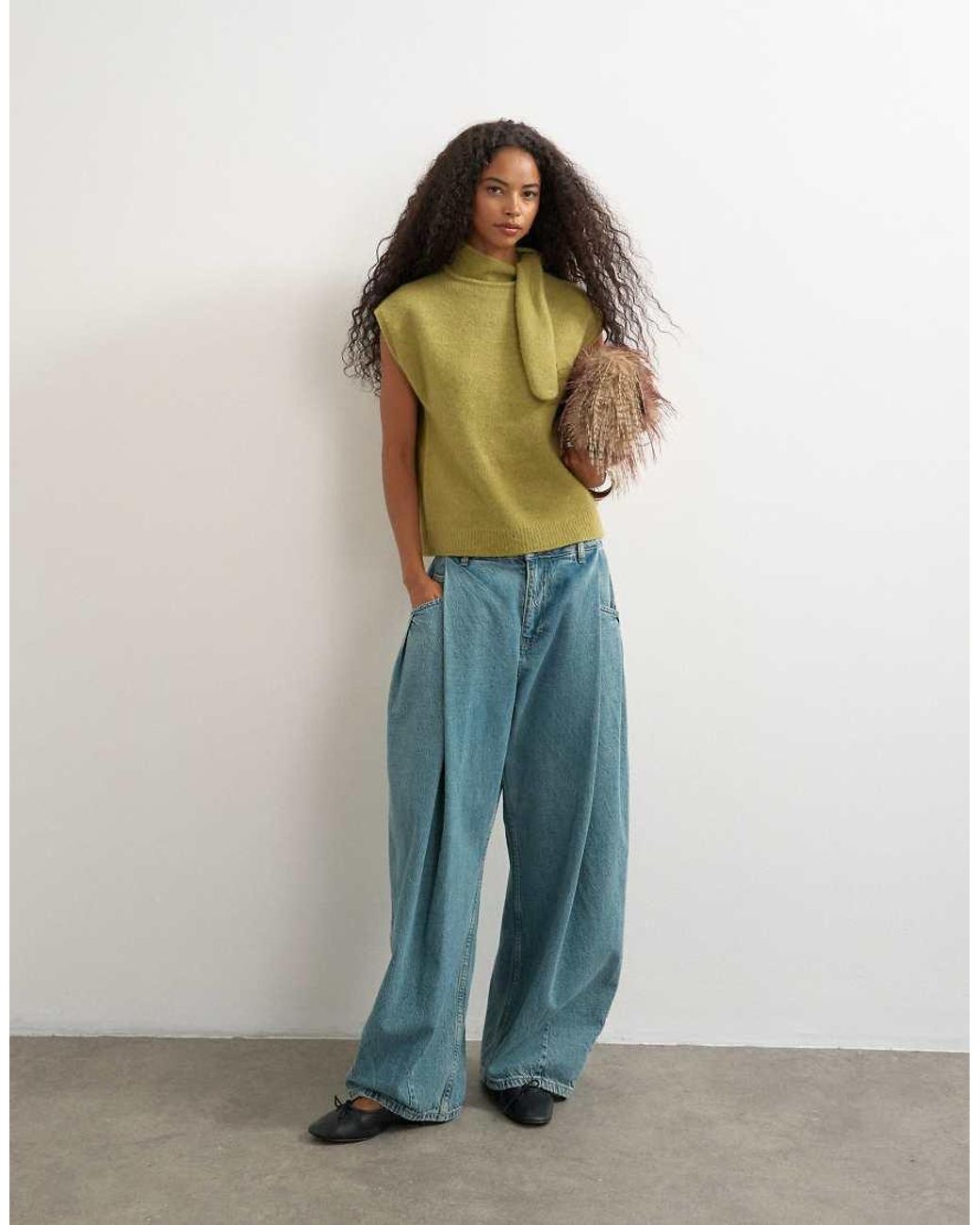 TOPSHOP Green Knitted Tie Neck Top