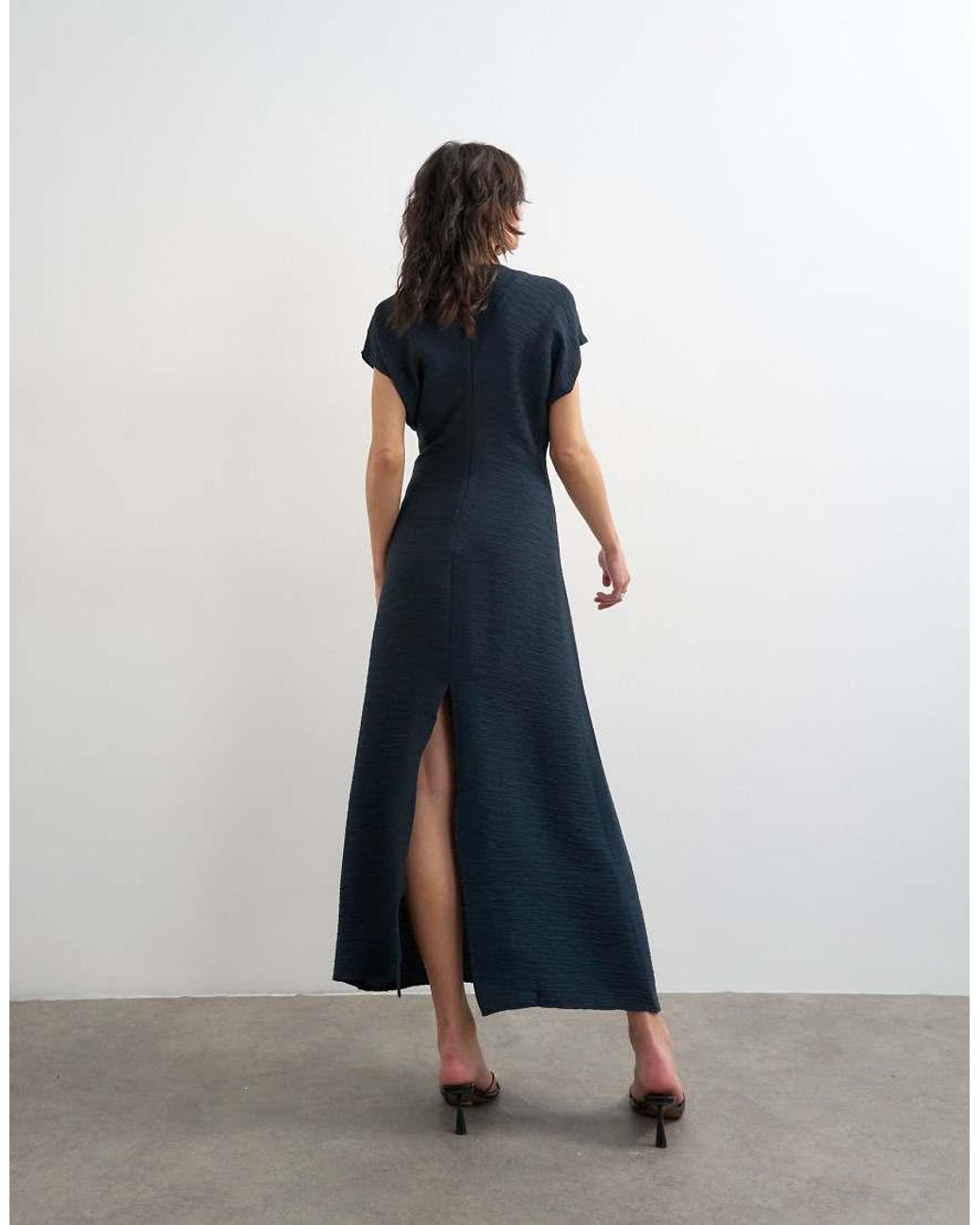 TOPSHOP Blue Drop Shoulder Blouson Waist Crinkle Maxi Dress