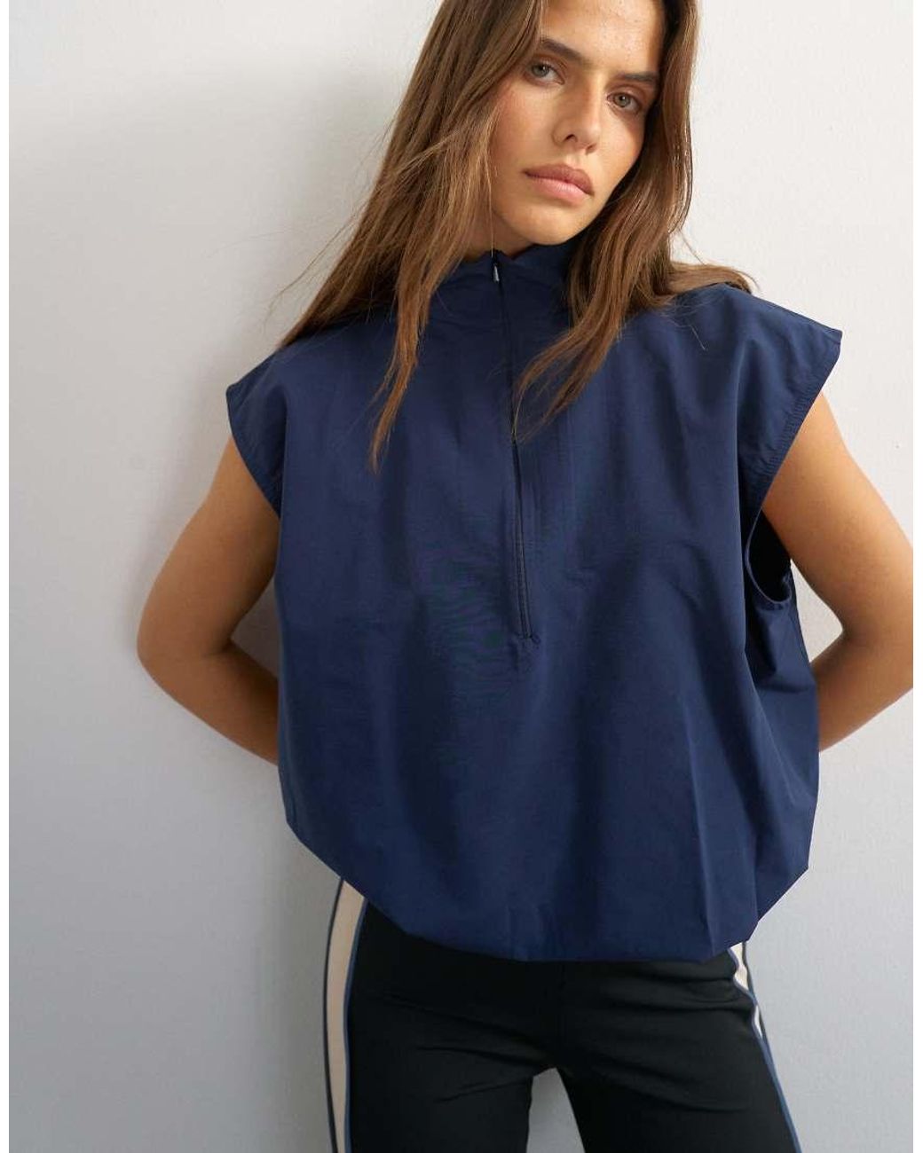 TOPSHOP Blue Funnel Neck Grown On Sleeve Tech Top