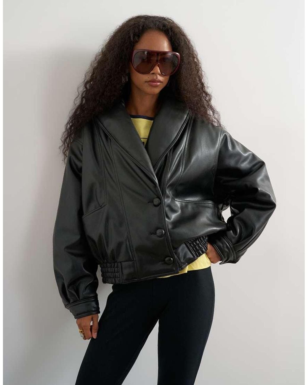 TOPSHOP Black Super Oversized Faux Leather Shawl Collar Bomber Jacket